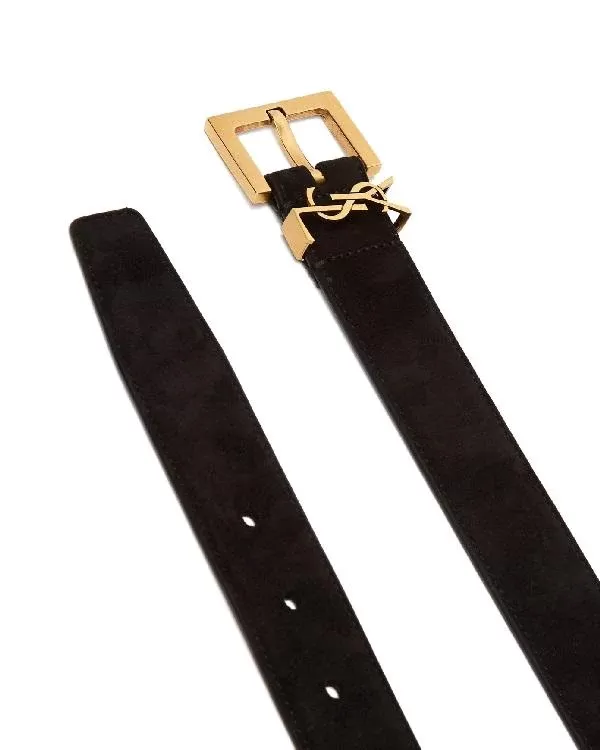 Saint Laurent Men's YSL Gold Logo Leather Belt