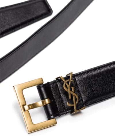 Saint Laurent Men's YSL Gold Logo Leather Belt