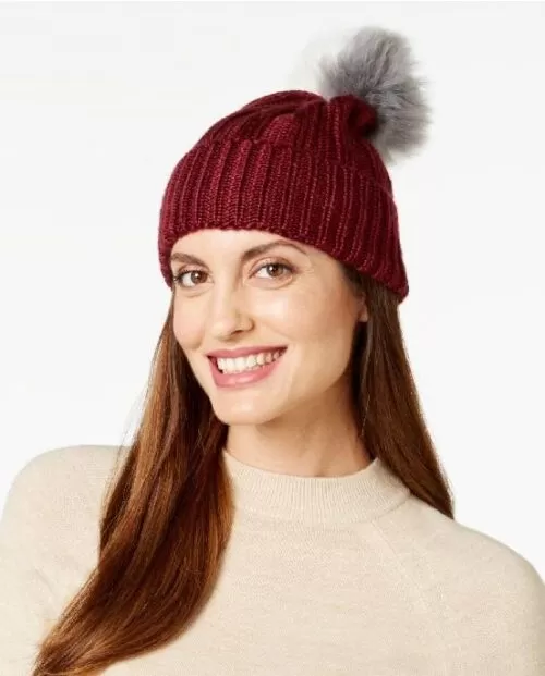 BCBGeneration Two Tone Pom Pom Beanie Wineberry