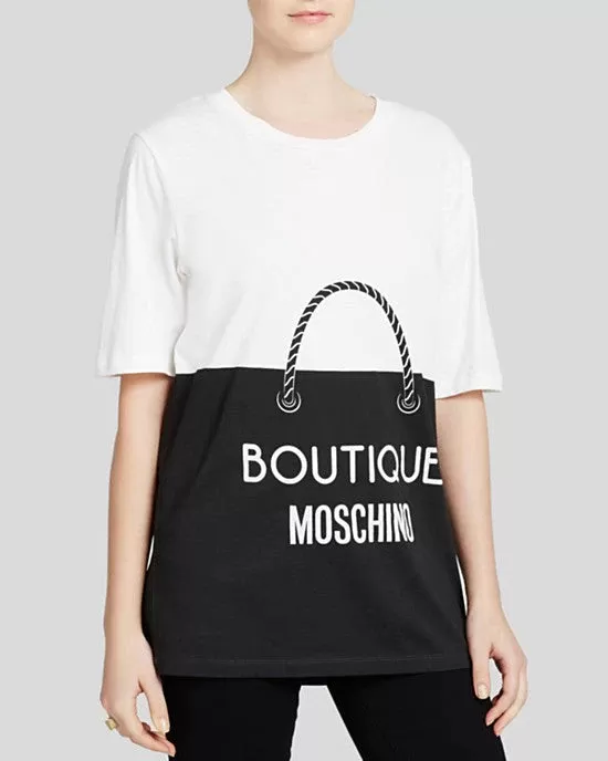 Boutique Moschino Women's White Tee - Shopping Bag Print