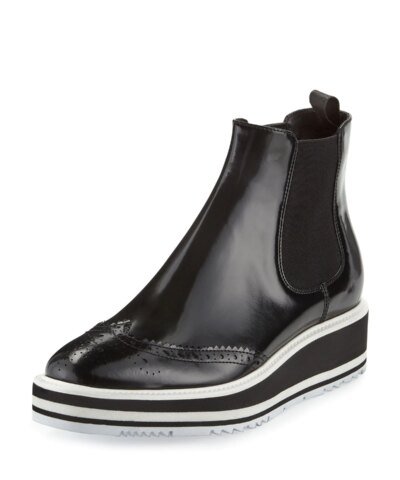 Prada Micro-Sole Wing-Tip Chelsea Boot, Black (Nero)
