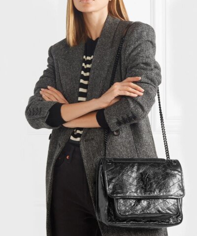 Saint Laurent Niki Medium Quilted Crinkled Glossed-Leather Shoulder Bag