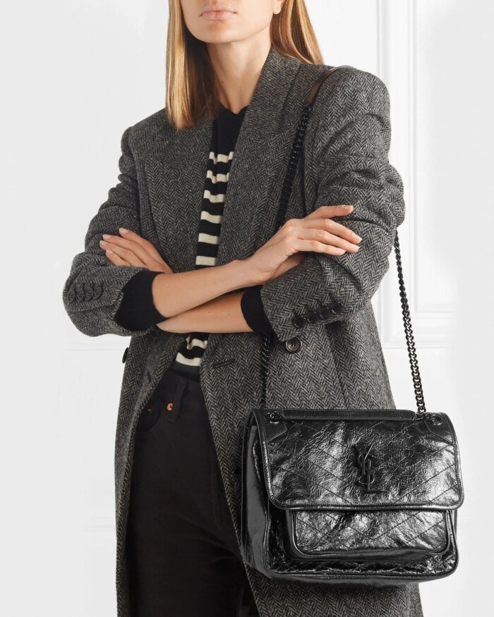 Saint Laurent Niki Medium Quilted Crinkled Glossed-Leather Shoulder Bag