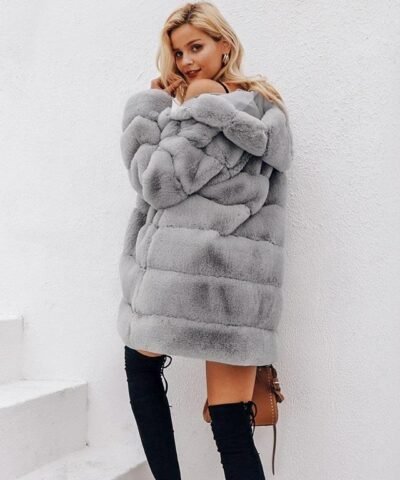 Simplee Hood Faux Fur Coat