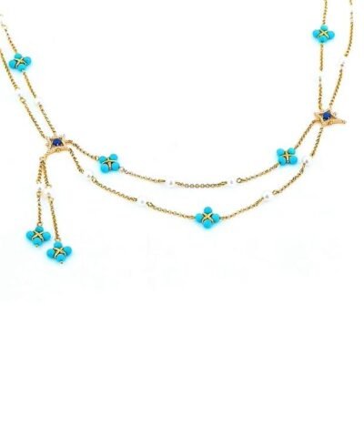 Apm Monaco Pearl & Blue Stone Double Chain Adjustable Necklace