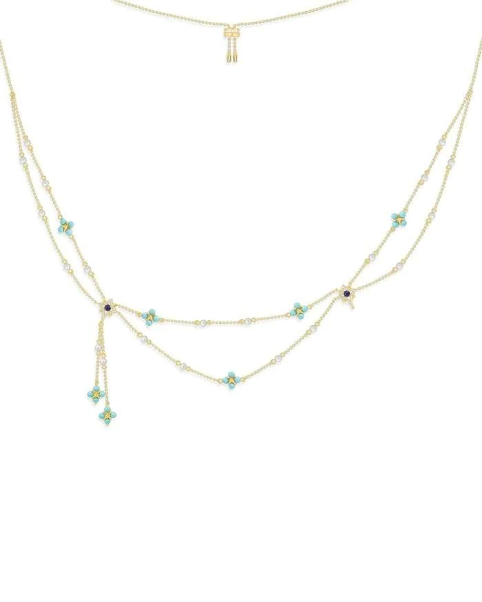 Apm Monaco Pearl & Blue Stone Double Chain Adjustable Necklace