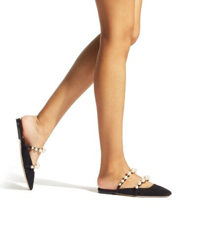 Jimmy Choo AMAYA Flats Black Suede Flats With Pearl Embellishment