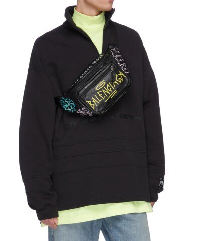 Balenciaga Men's Black 'explorer Graffiti' Print Leather Bum Bag