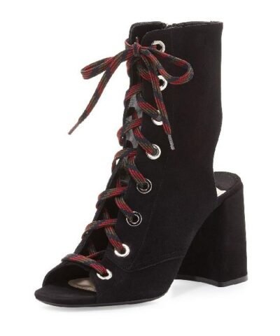 Prada Lace-Up Suede Peep-Toe Bootie,