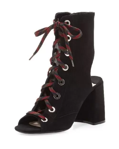 Prada Lace-Up Suede Peep-Toe Bootie,