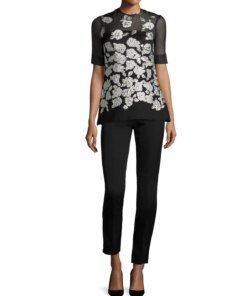 Lela Rose Metallic Floral-Embroidered Blouse, Black
