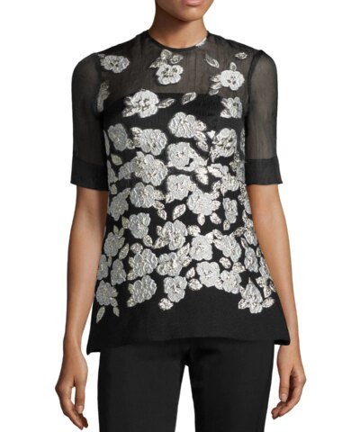 Lela Rose Metallic Floral-Embroidered Blouse, Black