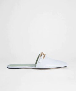 By Far Rado Buckled Creased Glossed-Leather Slippers In White
