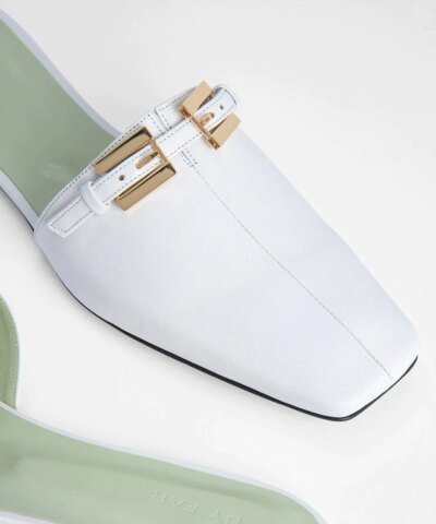 By Far Rado Buckled Creased Glossed-Leather Slippers In White