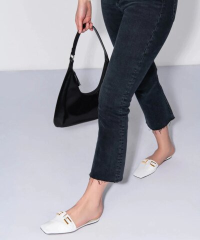 By Far Rado Buckled Creased Glossed-Leather Slippers In White