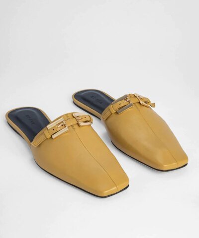 By Far Rado Buckled Creased Glossed-Leather Slippers In Ochre