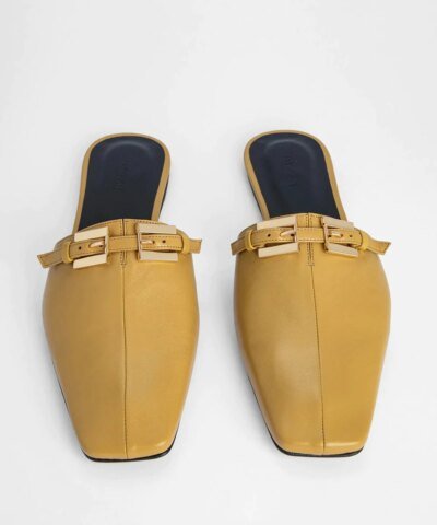 By Far Rado Buckled Creased Glossed-Leather Slippers In Ochre