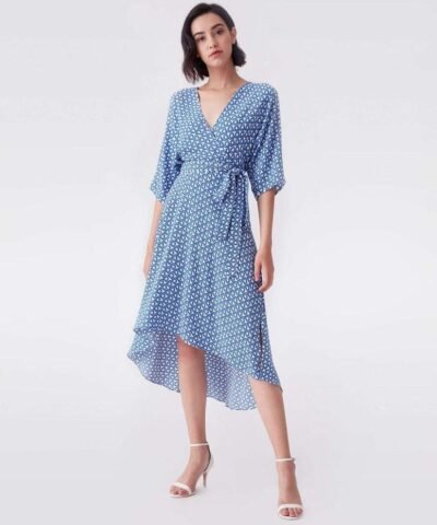 DVF Eloise Crepe High-Low Midi Dress in Fun Club Blue