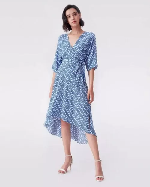 DVF Eloise Crepe High-Low Midi Dress in Fun Club Blue