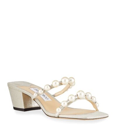 Jimmy Choo Amara 45 Metallic Pearly-Stud Slide Sandals