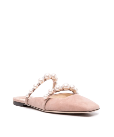 Jimmy Choo AMAYA Flats Ballet Pink Suede Flats With Pearl Embellishment