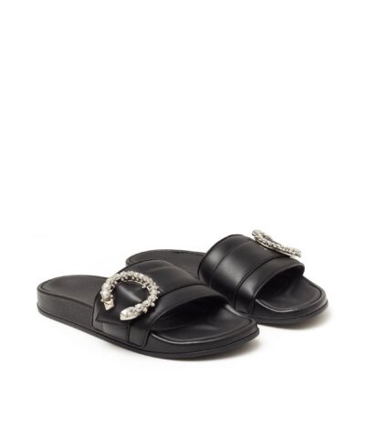 Jimmy Choo Fallon Black Nappa Leather Slides With Crystal Buckle