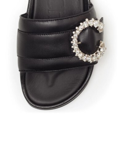 Jimmy Choo Fallon Black Nappa Leather Slides With Crystal Buckle