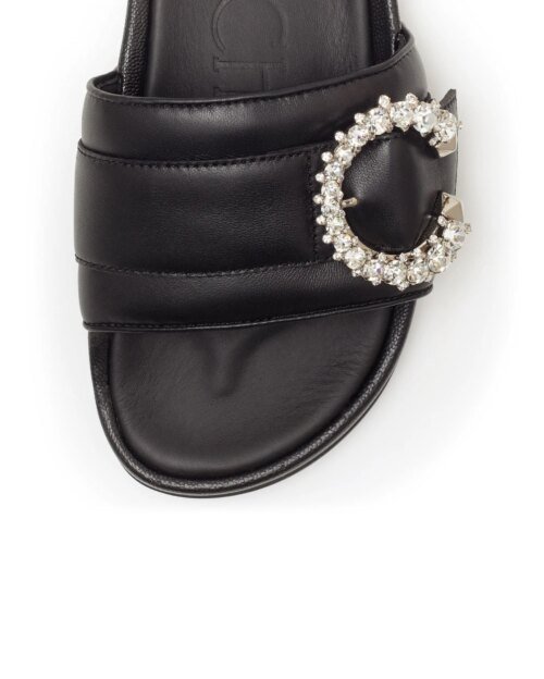Jimmy Choo Fallon Black Nappa Leather Slides With Crystal Buckle