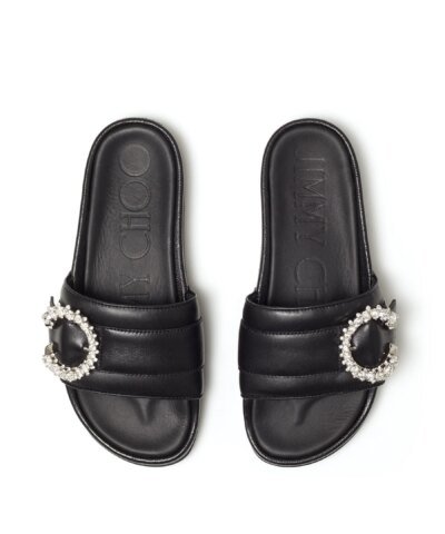 Jimmy Choo Fallon Black Nappa Leather Slides With Crystal Buckle
