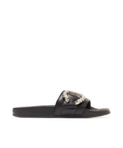 Jimmy Choo Fallon Black Nappa Leather Slides With Crystal Buckle
