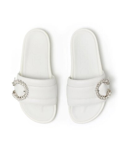 Jimmy Choo Fallon White Nappa Leather Slides With Crystal Buckle