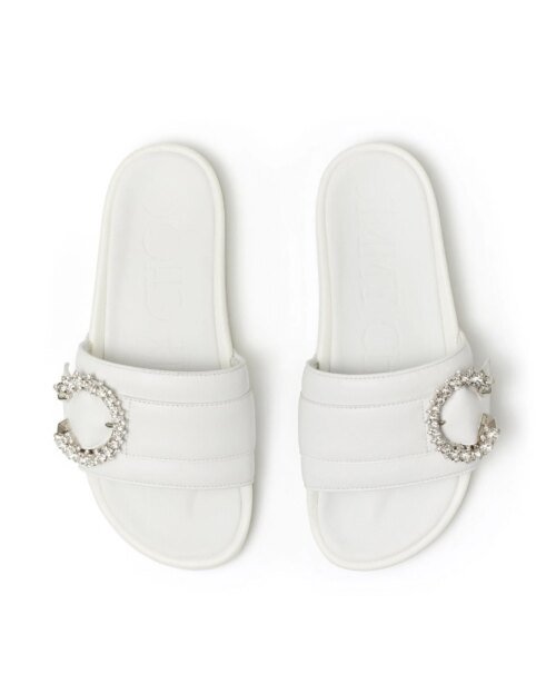 Jimmy Choo Fallon White Nappa Leather Slides With Crystal Buckle