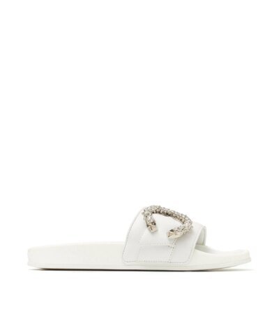 Jimmy Choo Fallon White Nappa Leather Slides With Crystal Buckle