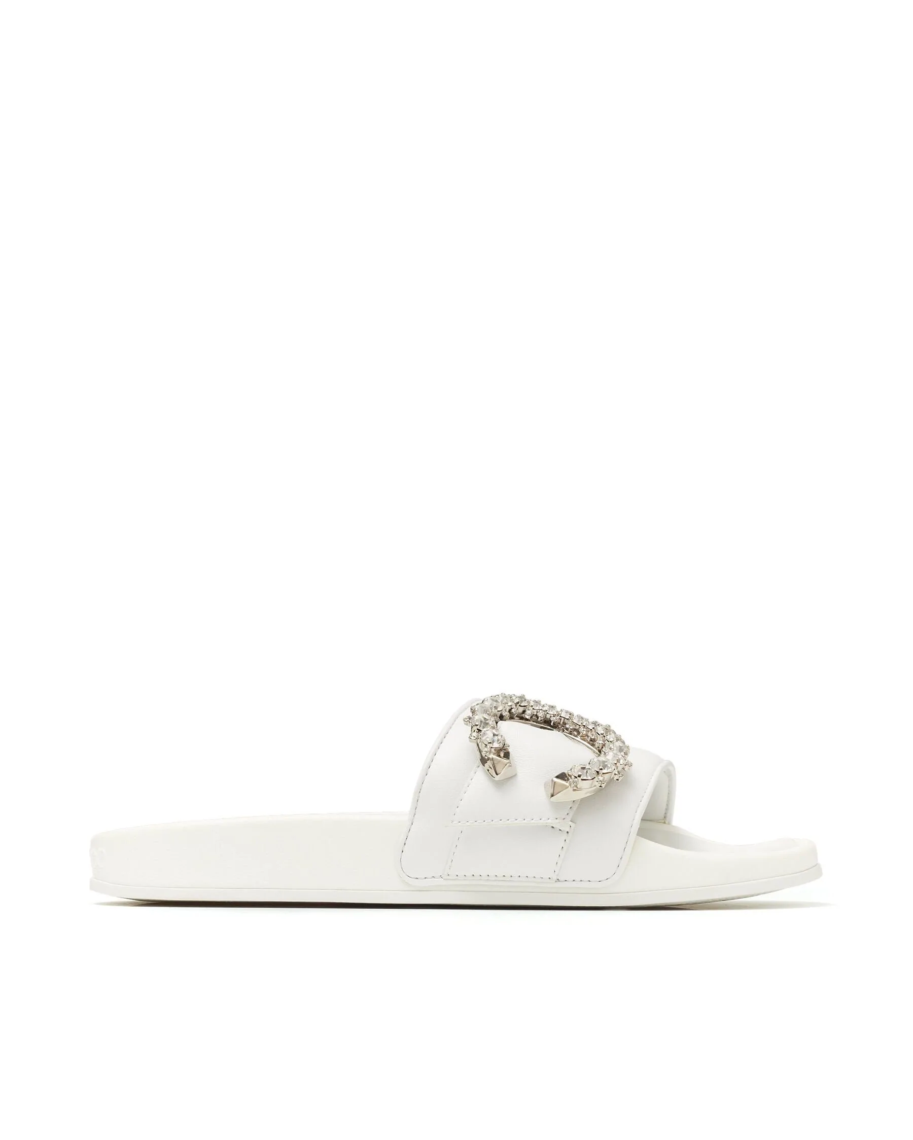 Jimmy Choo Fallon White Nappa Leather Slides With Crystal Buckle