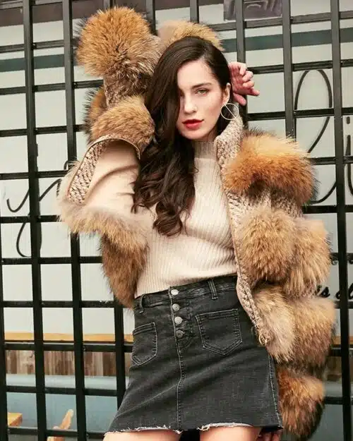 Simplee Limited Edition Natural Raccoon Fur Woolen Coat