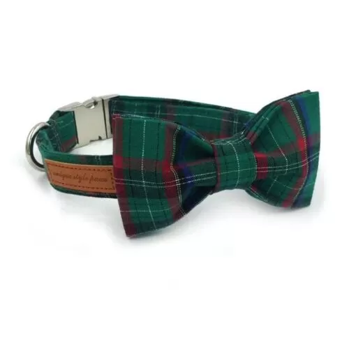 Green Check Pet Bowtie, Collar and Leashes