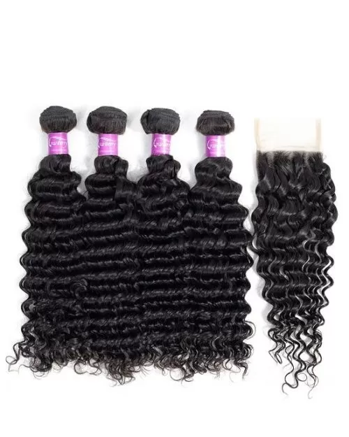 Cranberry Peruvian Human Hair 3 Bundles Deep Wave Bundles With Closure