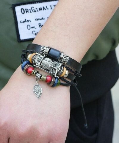Steffe Punk Vintage Rope Handmade Bead Owl Leather Bracelets