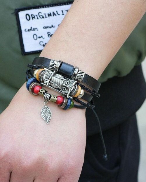 Steffe Punk Vintage Rope Handmade Bead Owl Leather Bracelets