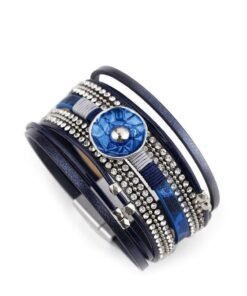 Steffe Leather Blue Enamel Metal Charm Female Multilayer Wrap Wide Bracelets