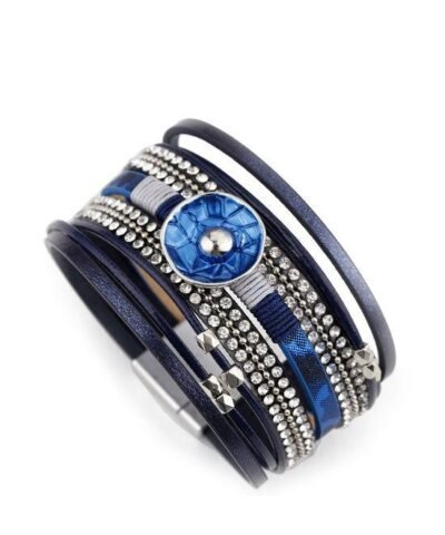 Steffe Leather Blue Enamel Metal Charm Female Multilayer Wrap Wide Bracelets