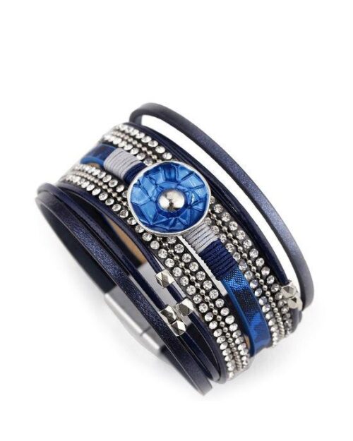Steffe Leather Blue Enamel Metal Charm Female Multilayer Wrap Wide Bracelets