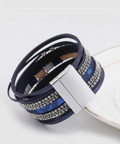 Steffe Leather Blue Enamel Metal Charm Female Multilayer Wrap Wide Bracelets