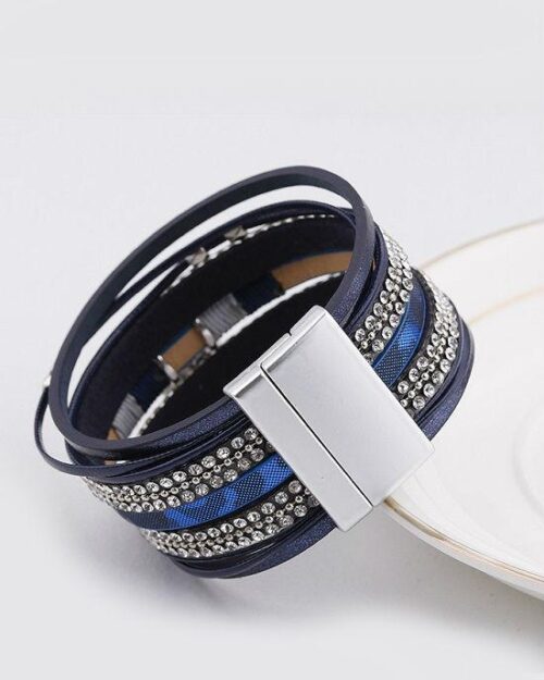 Steffe Leather Blue Enamel Metal Charm Female Multilayer Wrap Wide Bracelets