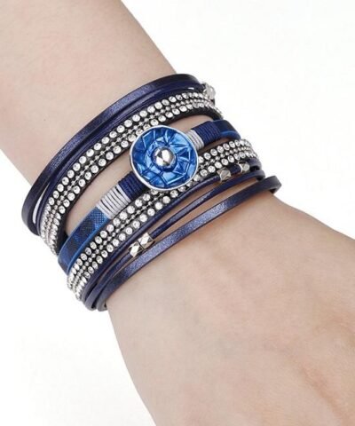 Steffe Leather Blue Enamel Metal Charm Female Multilayer Wrap Wide Bracelets
