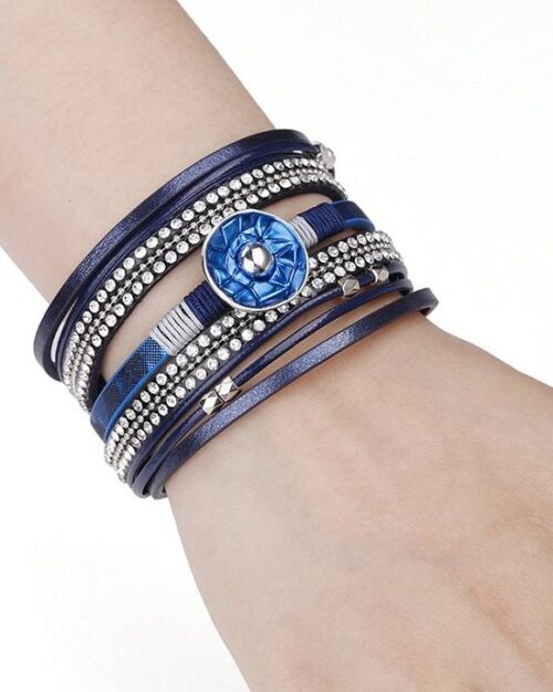 Steffe Leather Blue Enamel Metal Charm Female Multilayer Wrap Wide Bracelets