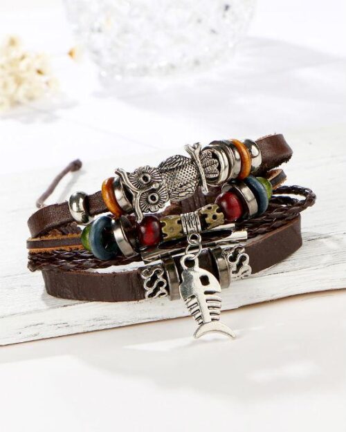 Steffe Punk Vintage Rope Handmade Bead Owl Leather Bracelets
