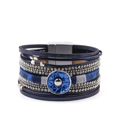 Steffe Leather Blue Enamel Metal Charm Female Multilayer Wrap Wide Bracelets
