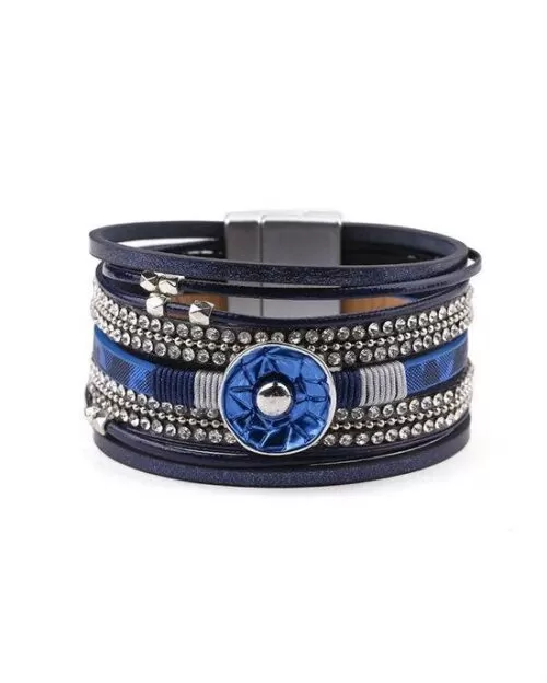 Steffe Leather Blue Enamel Metal Charm Female Multilayer Wrap Wide Bracelets