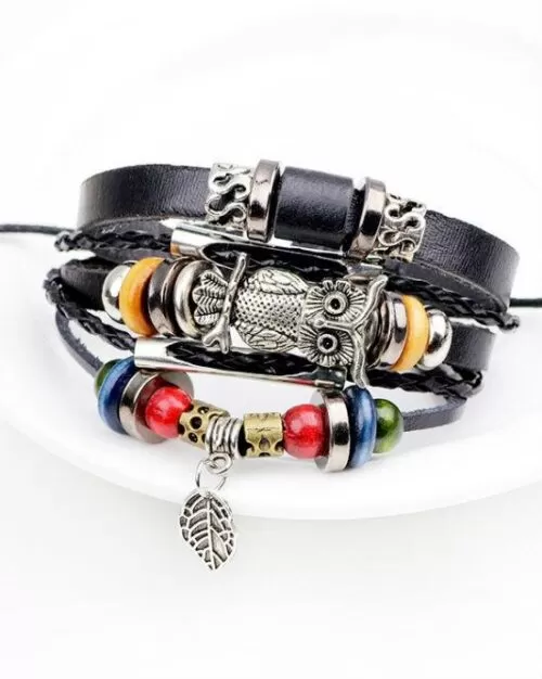 Steffe Punk Vintage Rope Handmade Bead Owl Leather Bracelets